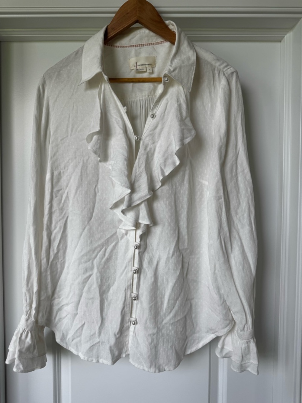 Anthropologie White Ruffle Button Front Blouse Size L Romantic Cottagecore